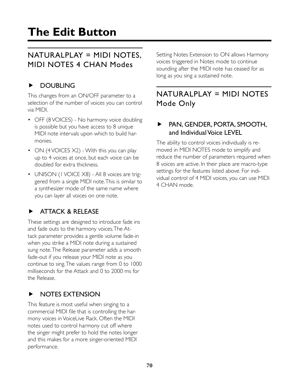 Naturalplay = midi notes, midi notes 4 chan modes, Doubling, Attack & release | Notes extension, Naturalplay = midi notes mode only, The edit button | TC-Helicon VoiceLive Rack Full User's Manual User Manual | Page 71 / 89