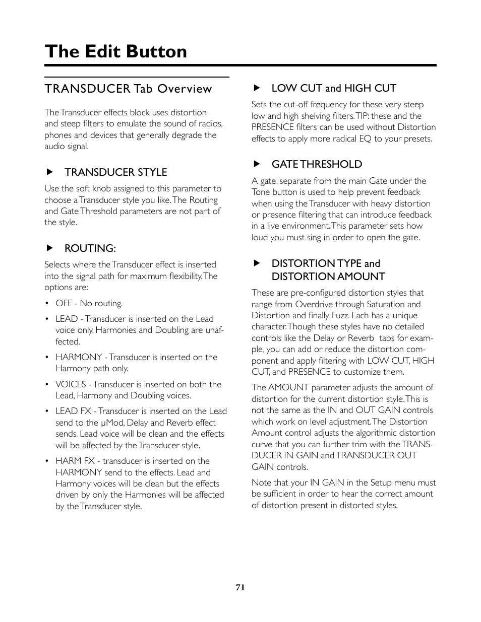 Transducer tab overview, Transducer style, Routing | Low cut and high cut, Gate threshold, Distortion type and distortion amount, The edit button | TC-Helicon VoiceLive Rack Full User's Manual User Manual | Page 72 / 89