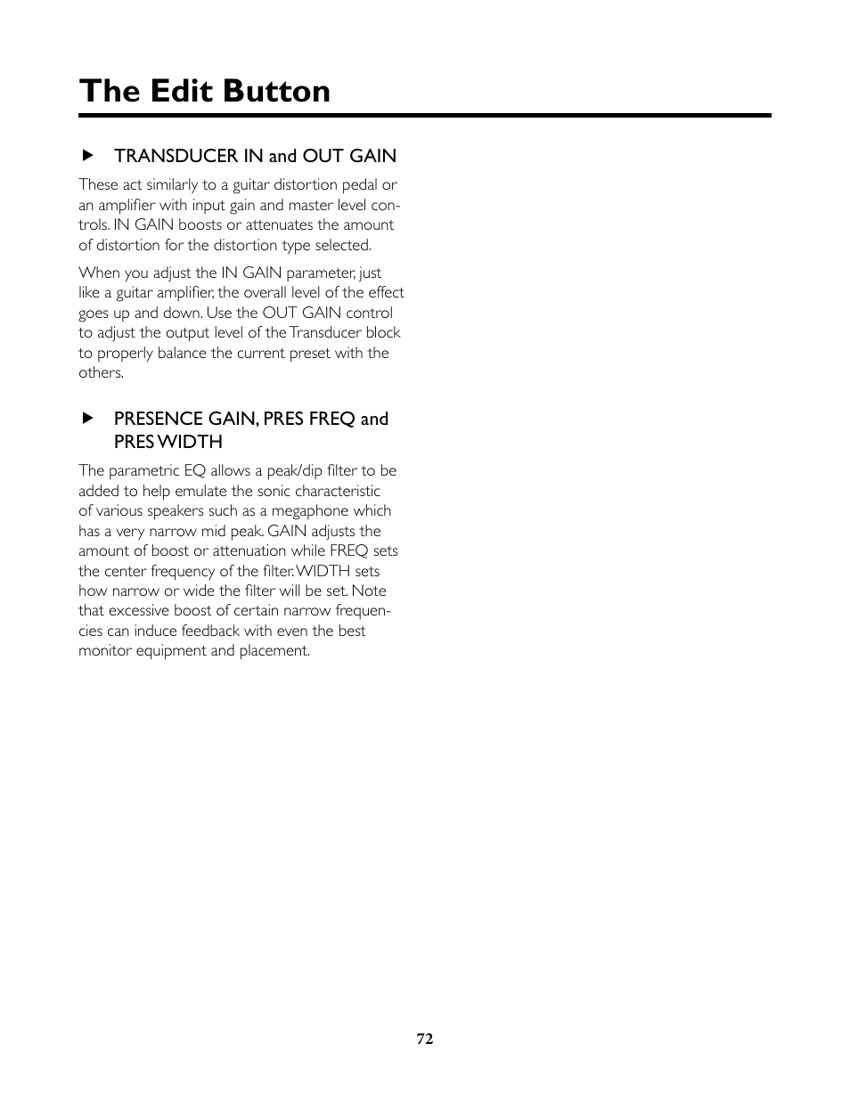 Transducer in and out gain, Presence gain, pres freq and pres width, The edit button | TC-Helicon VoiceLive Rack Full User's Manual User Manual | Page 73 / 89