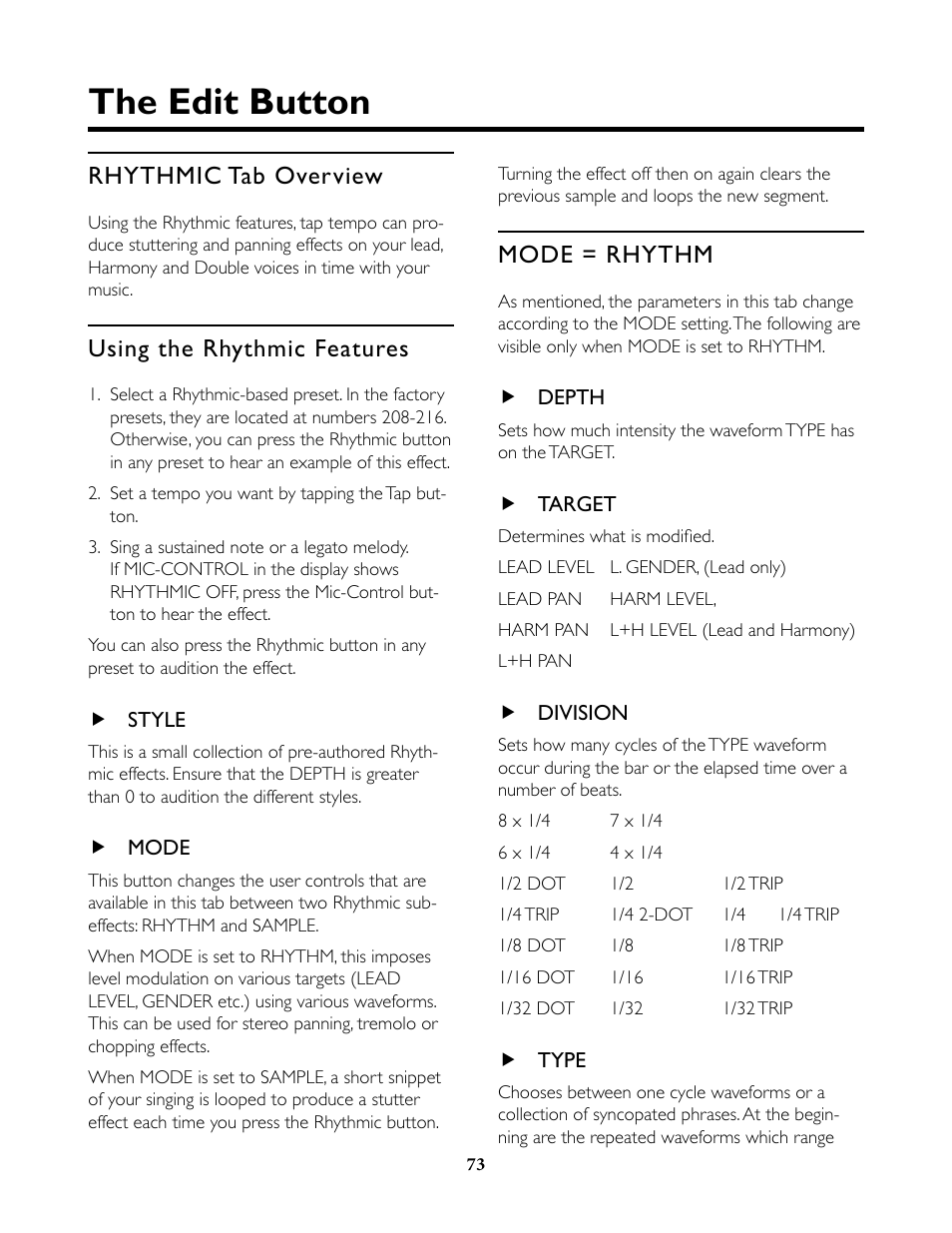 Rhythmic tab overview, Using the rhythmic features, Style | Mode, Mode = rhythm, Depth, Target, Division, Type, The edit button | TC-Helicon VoiceLive Rack Full User's Manual User Manual | Page 74 / 89