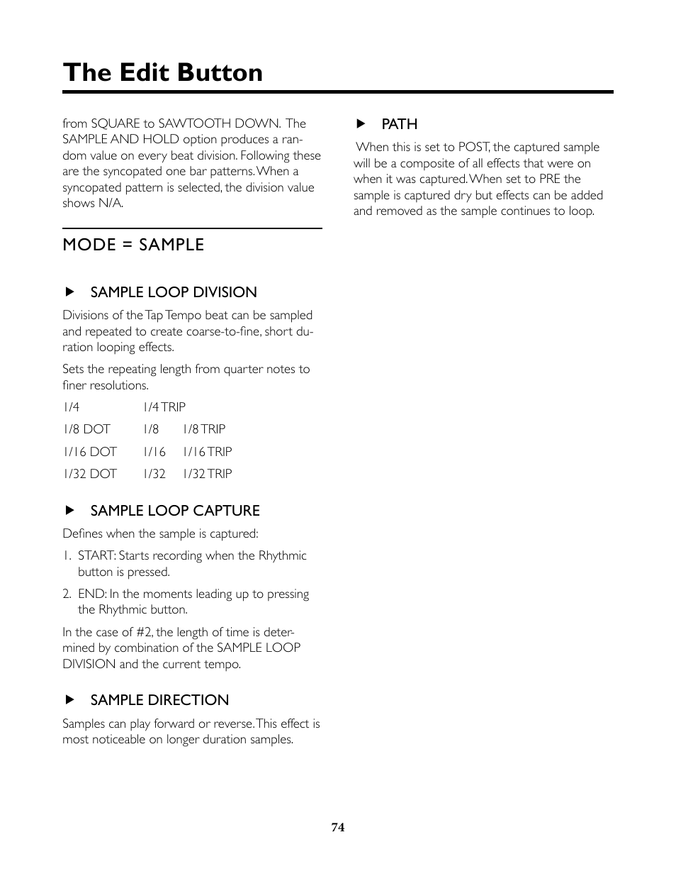 Mode = sample, Sample loop division, Sample loop capture | Sample direction, Path, The edit button | TC-Helicon VoiceLive Rack Full User's Manual User Manual | Page 75 / 89