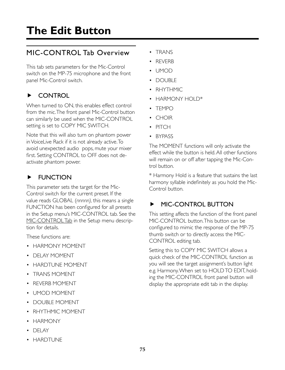 Mic-control tab overview, Control, Function | Mic-control button, Control function mic-control button, The edit menu, The edit button | TC-Helicon VoiceLive Rack Full User's Manual User Manual | Page 76 / 89