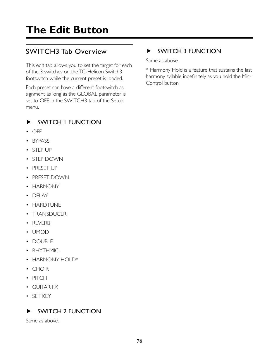 Switch3 tab overview, Switch 1 function, Switch 2 function | Switch 3 function, The edit menu: switch3 tab to set uniqu, The edit button | TC-Helicon VoiceLive Rack Full User's Manual User Manual | Page 77 / 89