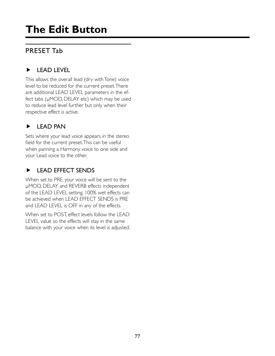 Preset tab, Lead level, Lead pan | Lead effect sends, Lead level lead pan lead effect sends, The edit button | TC-Helicon VoiceLive Rack Full User's Manual User Manual | Page 78 / 89