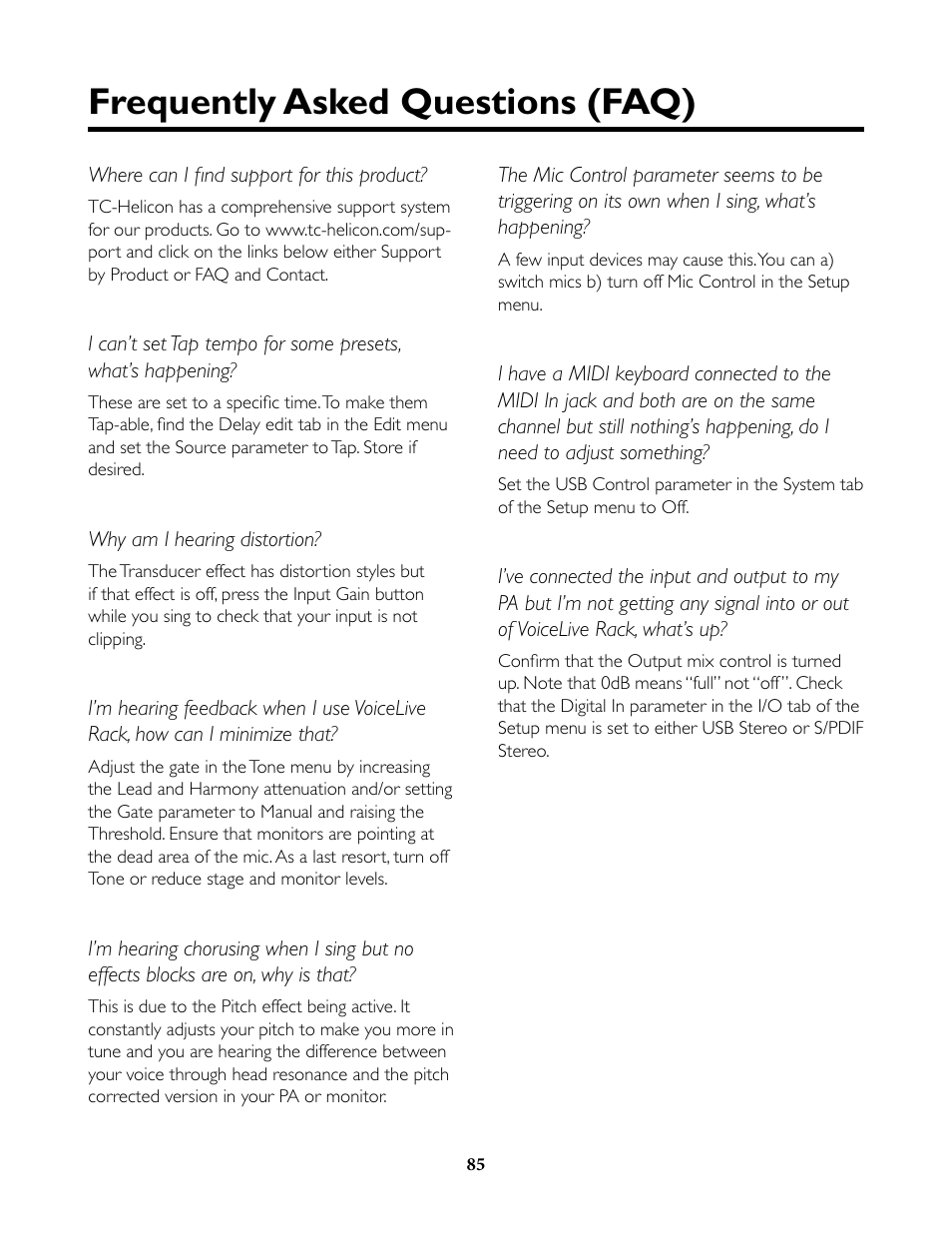 Frequently asked questions (faq), Frequently asked questions (faq) .85 | TC-Helicon VoiceLive Rack Full User's Manual User Manual | Page 86 / 89