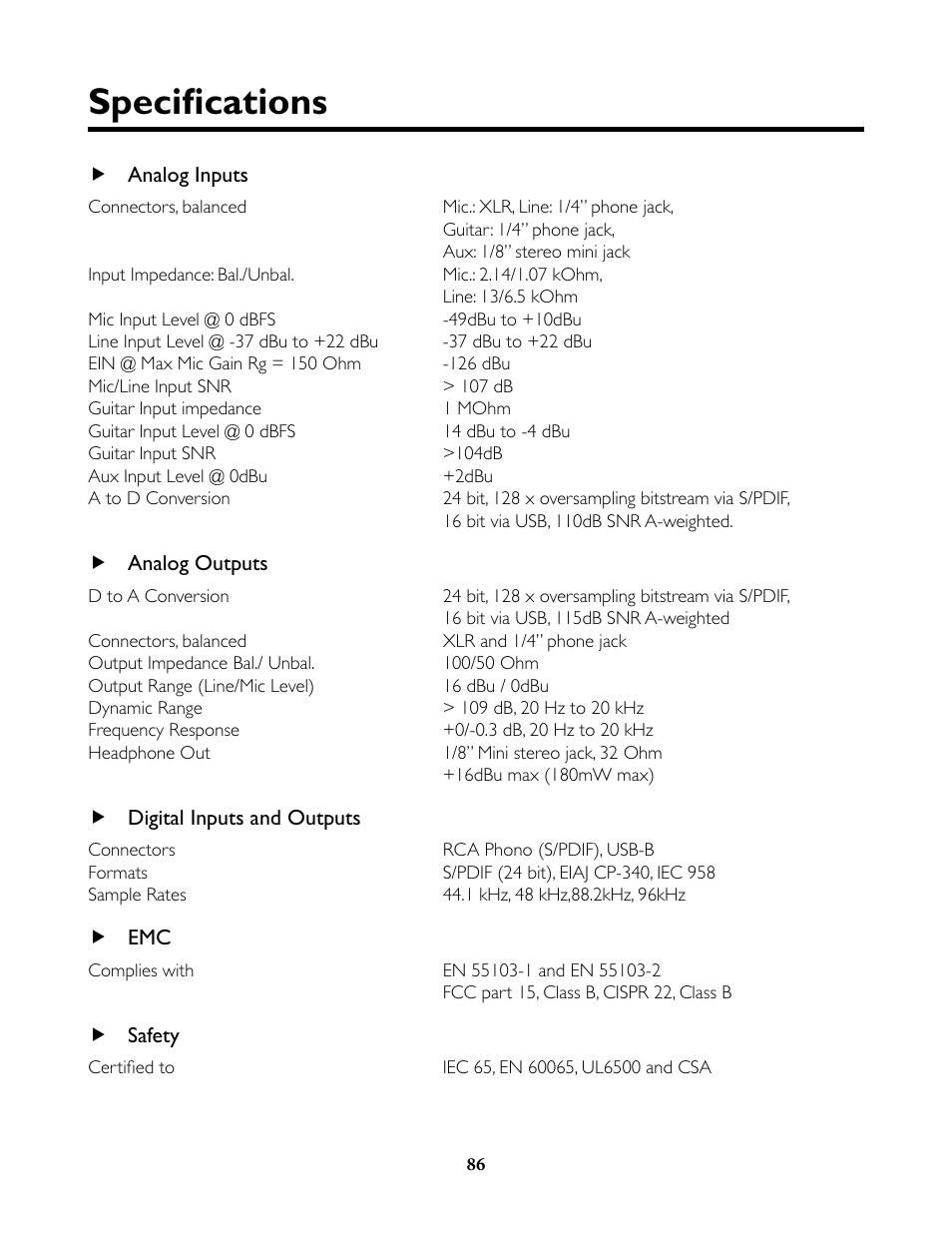 Specifications | TC-Helicon VoiceLive Rack Full User's Manual User Manual | Page 87 / 89
