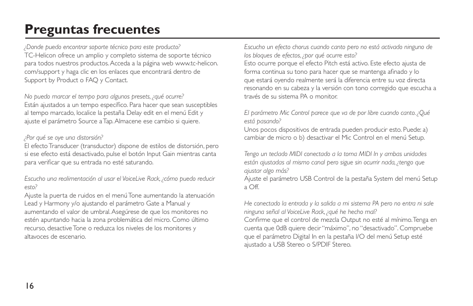 Preguntas frecuentes | TC-Helicon VoiceLive Rack - Basics Manual User Manual | Page 16 / 18