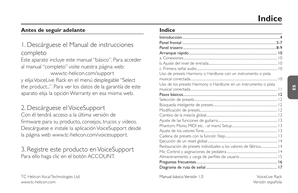 Indice, Descárguese el manual de instrucciones completo, Descárguese el voicesupport | Registre este producto en voicesupport | TC-Helicon VoiceLive Rack - Basics Manual User Manual | Page 3 / 18