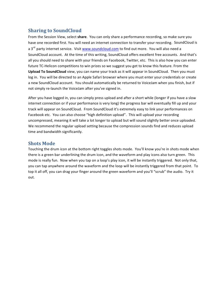 Sharing to soundcloud, Shots mode | TC-Helicon Voicejam manual User Manual | Page 9 / 11