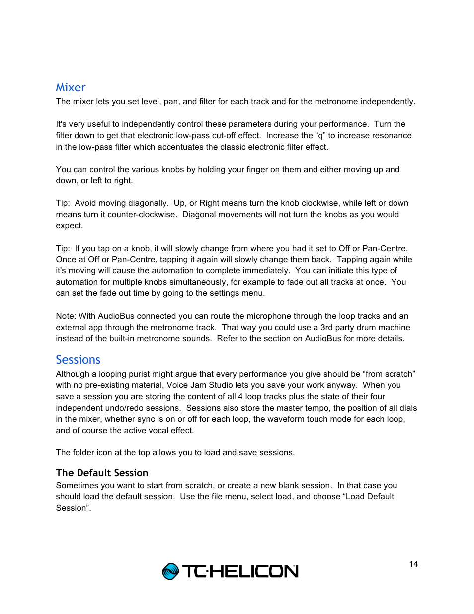 Mixer, Sessions | TC-Helicon Voice Jam Studio User Manual | Page 14 / 20