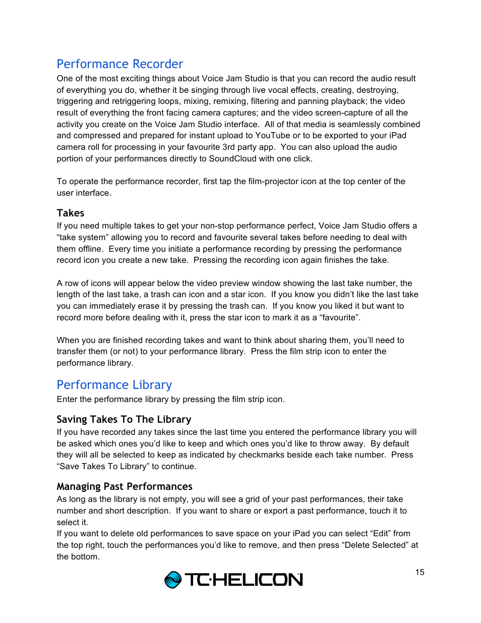 Performance recorder, Performance library | TC-Helicon Voice Jam Studio User Manual | Page 15 / 20