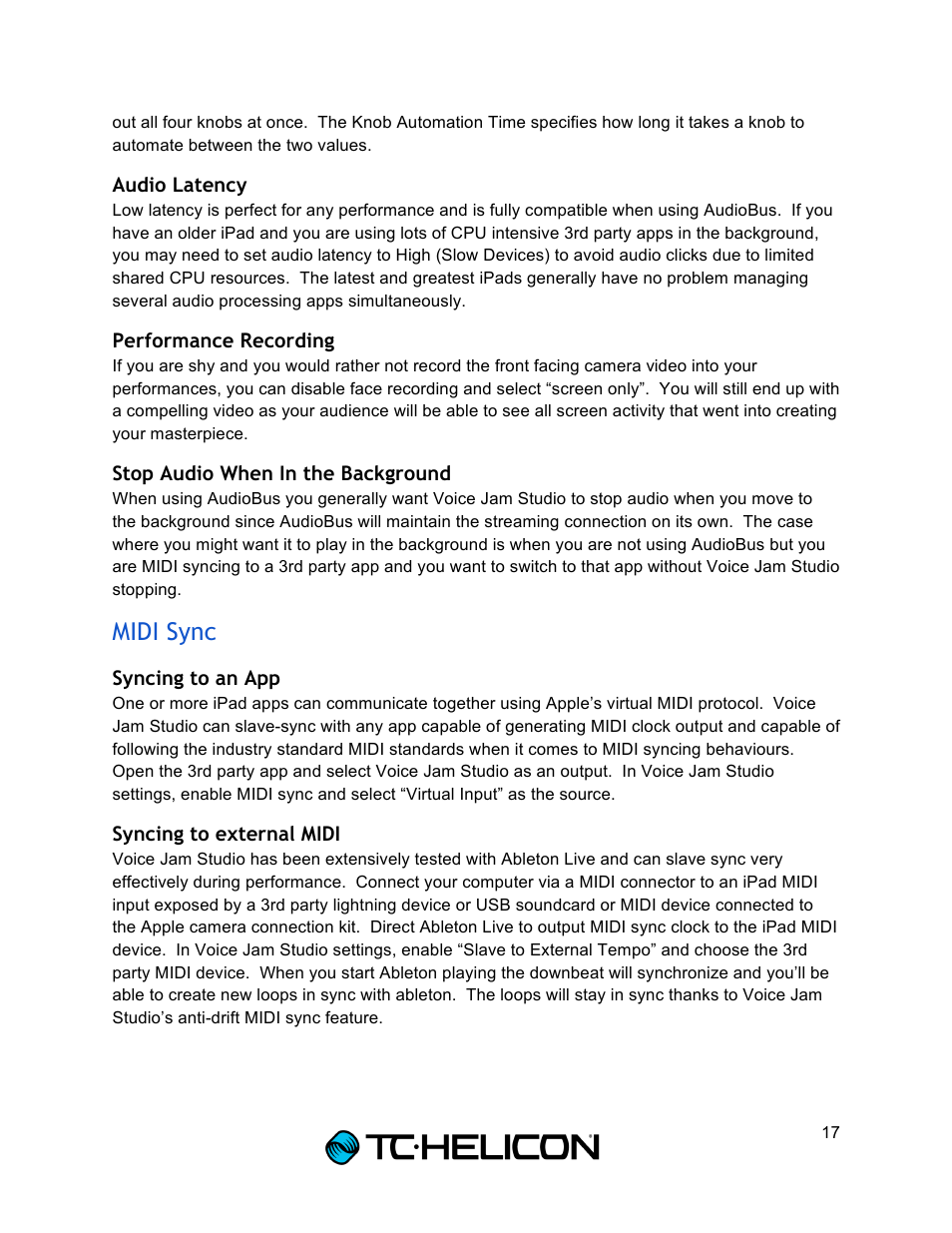 Midi sync | TC-Helicon Voice Jam Studio User Manual | Page 17 / 20