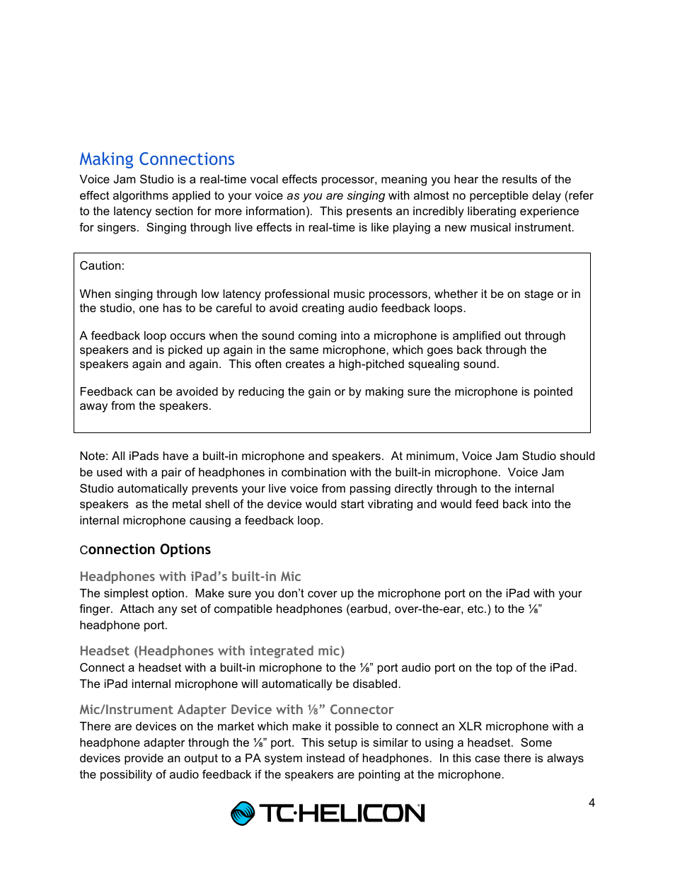 Making connections | TC-Helicon Voice Jam Studio User Manual | Page 4 / 20