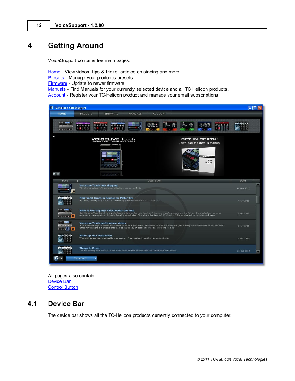 Getting around, Device bar, Part iv getting around | 1 device bar, 4getting around | TC-Helicon VoiceSupport Manual User Manual | Page 14 / 39