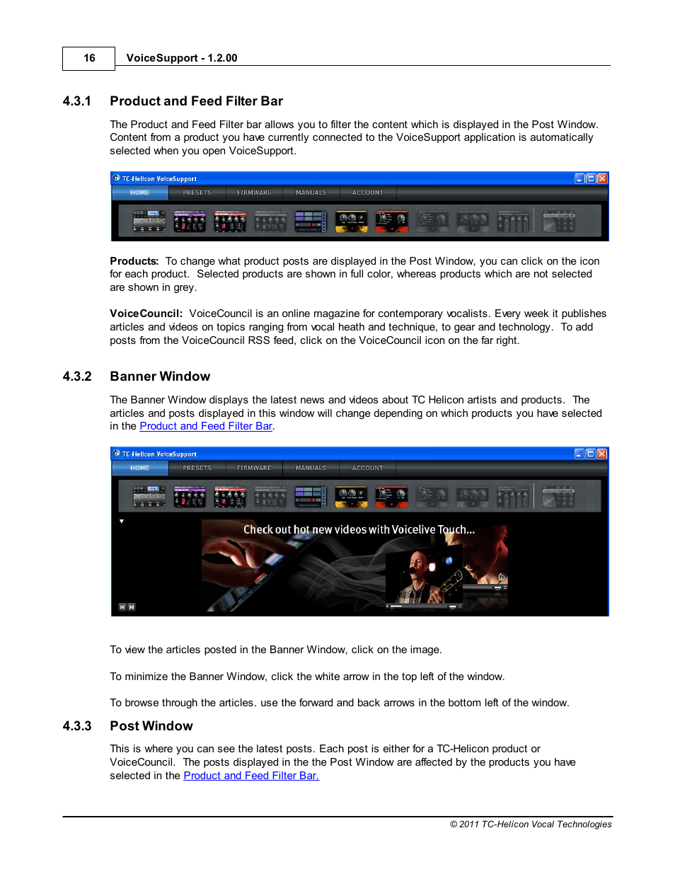 Product and feed filter bar, Banner window, Post window | TC-Helicon VoiceSupport Manual User Manual | Page 18 / 39