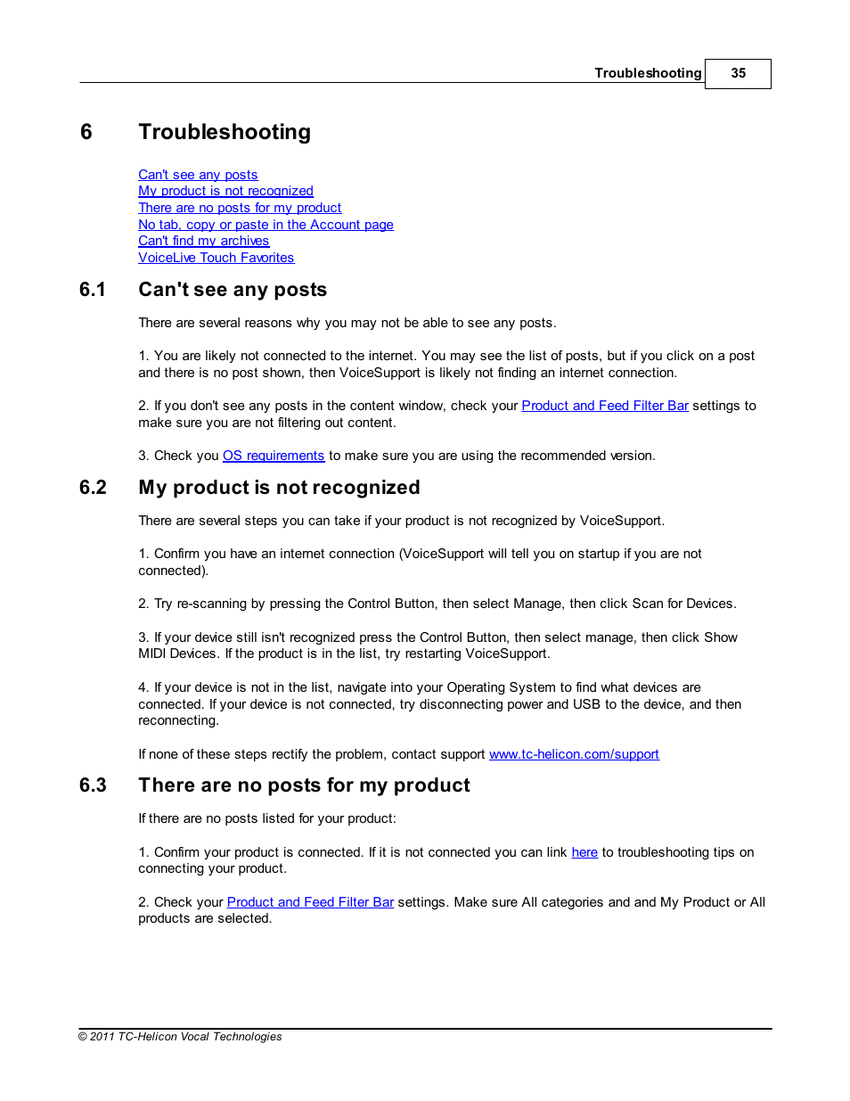 Troubleshooting, Can't see any posts, My product is not recognized | There are no posts for my product, Part vi troubleshooting, 1 can't see any posts, 2 my product is not recognized, 3 there are no posts for my product, 6troubleshooting | TC-Helicon VoiceSupport Manual User Manual | Page 37 / 39