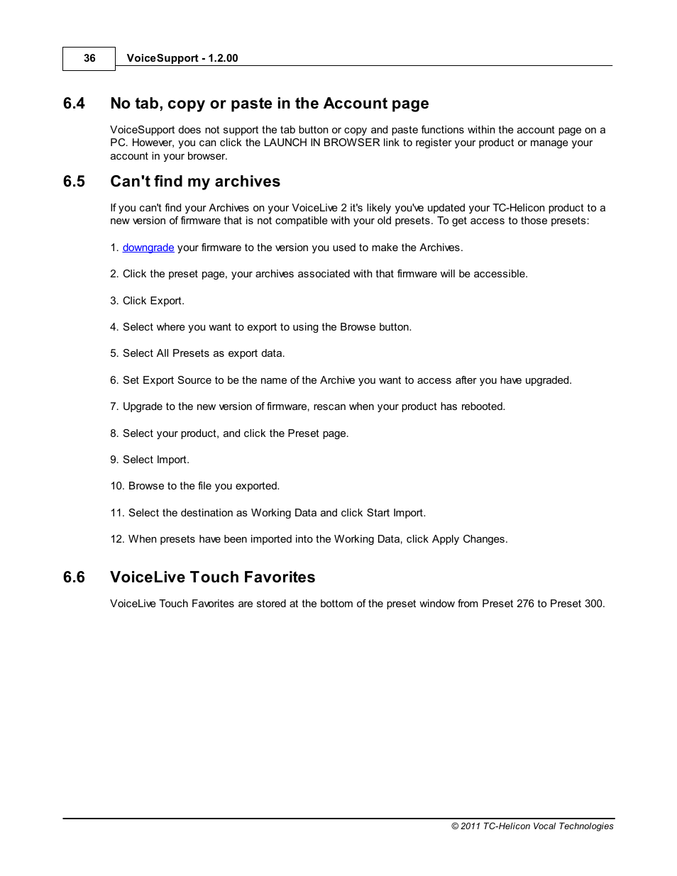 Can't find my archives, Voicelive touch favorites, 5 can't find my archives | 4 no tab, copy or paste in the account page, 6 voicelive touch favorites | TC-Helicon VoiceSupport Manual User Manual | Page 38 / 39