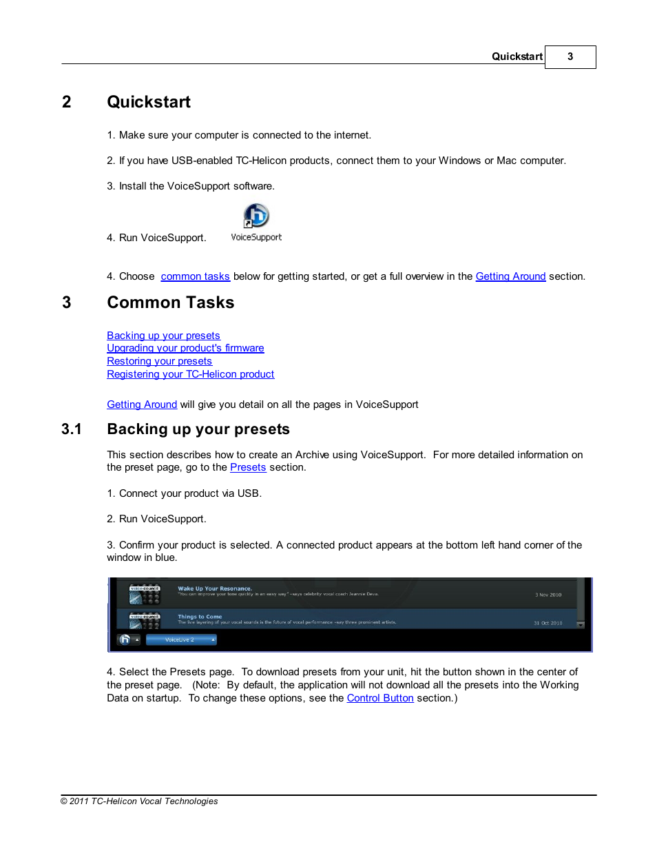 Quickstart, Common tasks, Backing up your presets | Part ii quickstart, Part iii common tasks, 1 backing up your presets, 2quickstart, 3common tasks | TC-Helicon VoiceSupport Manual User Manual | Page 5 / 39