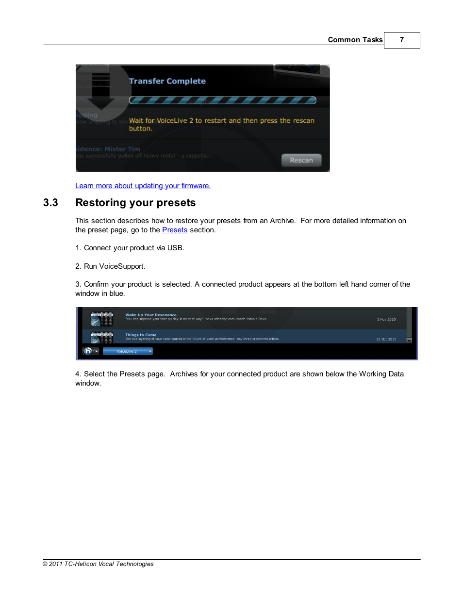 Restoring your presets, 3 restoring your presets | TC-Helicon VoiceSupport Manual User Manual | Page 9 / 39