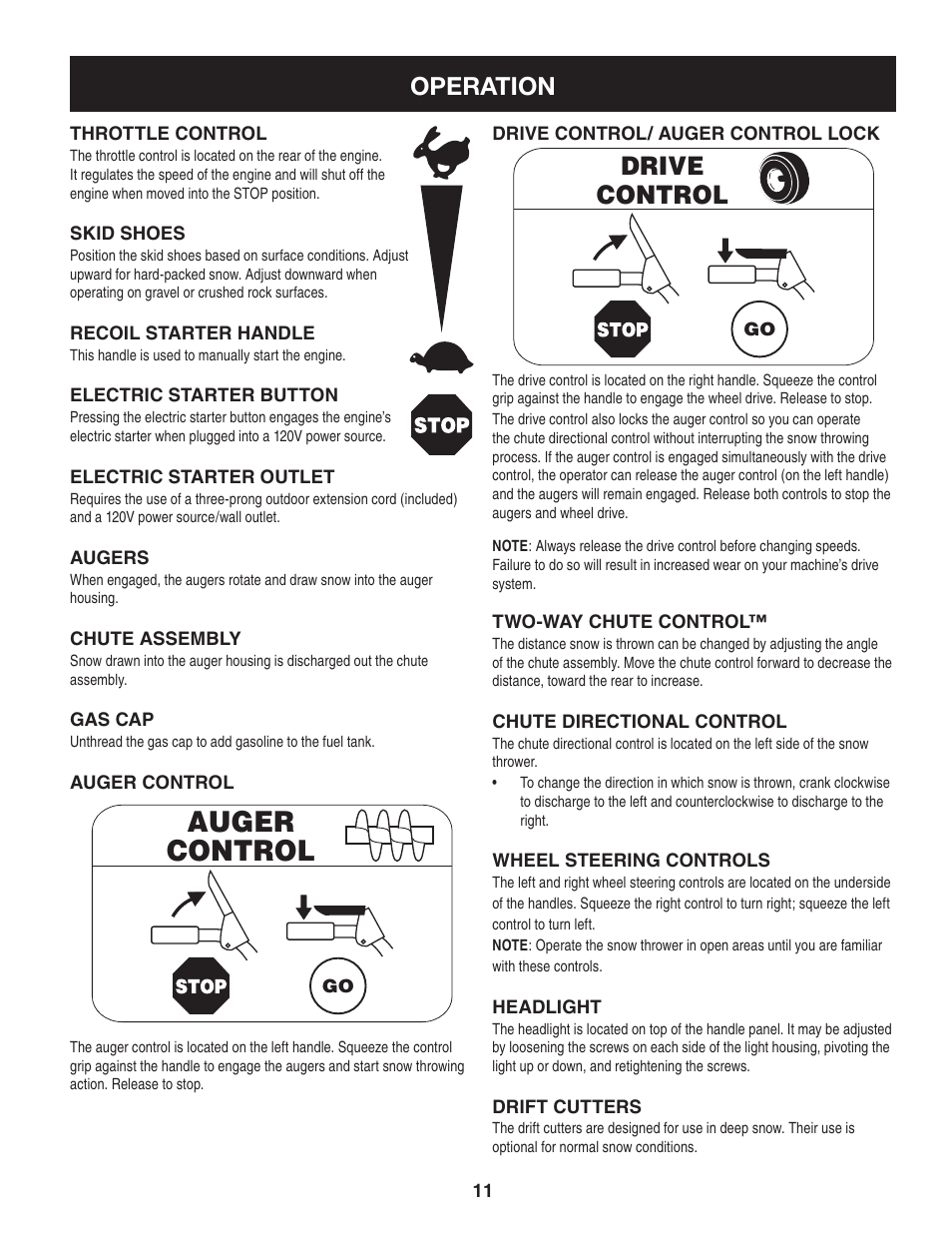 Auger control, Drive control, Operation | Craftsman 247.88045 User Manual | Page 11 / 64