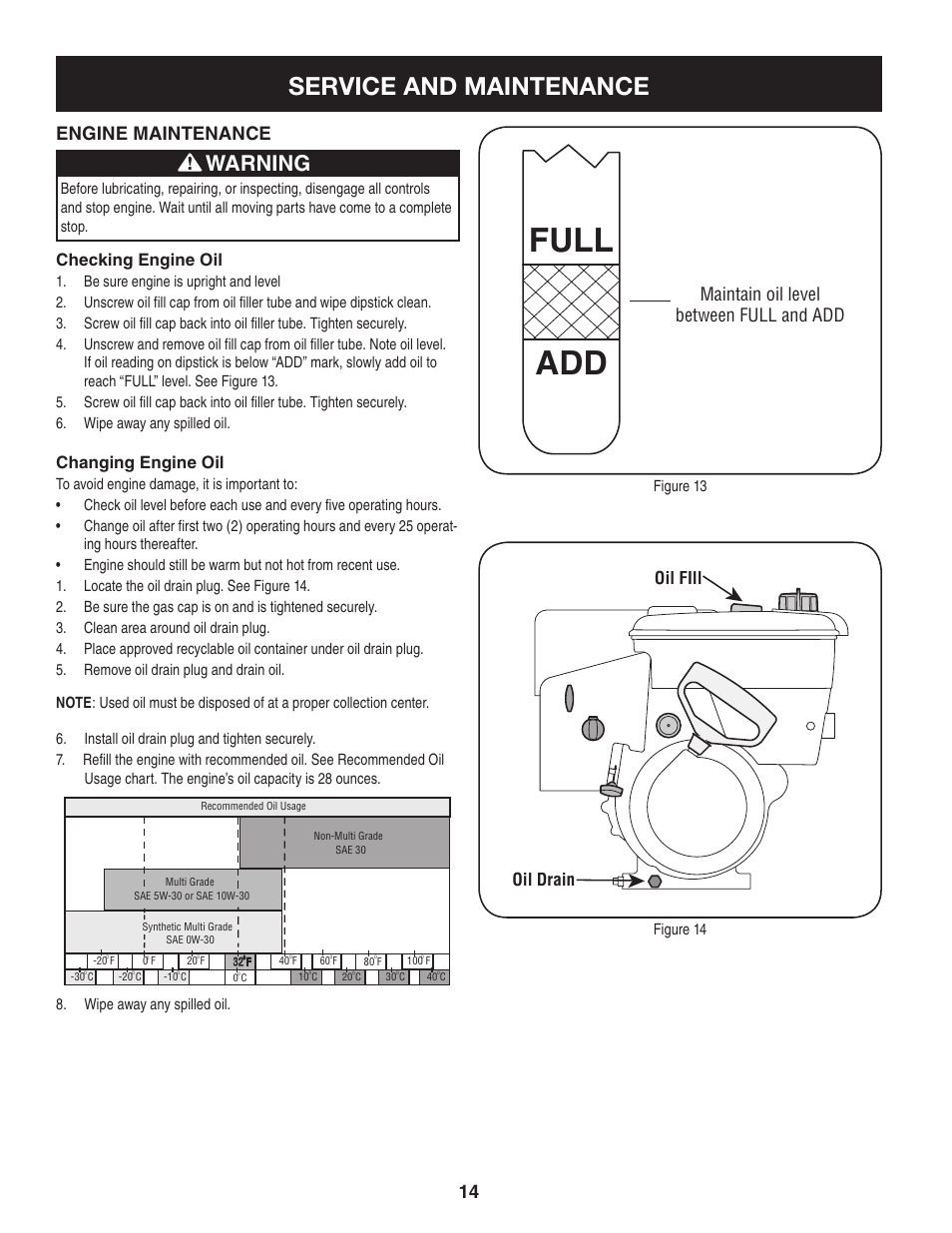 Full add, Service and maintenance, Warning | Engine maintenance, Maintain oil level between full and add, Checking engine oil, Changing engine oil, Oil fill oil drain | Craftsman 247.88045 User Manual | Page 14 / 64