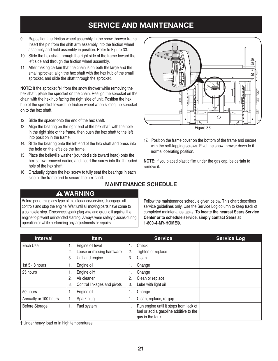 Service and maintenance, Warning | Craftsman 247.88045 User Manual | Page 21 / 64