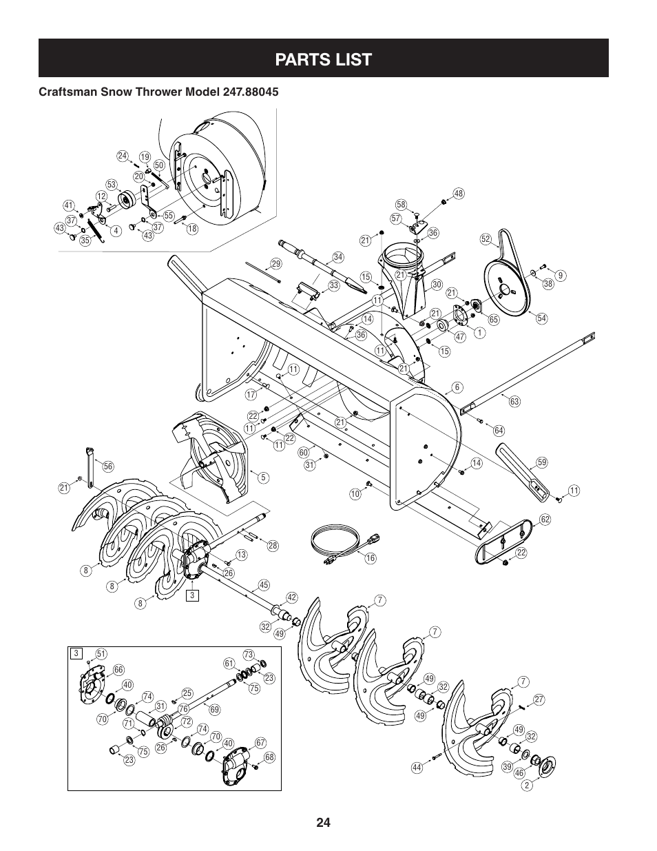 Parts list, Craftsman snow thrower model .0 | Craftsman 247.88045 User Manual | Page 24 / 64