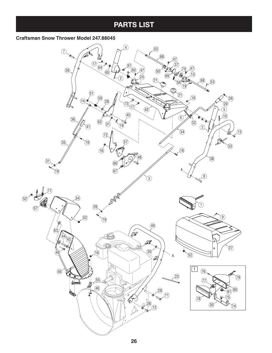 Parts list, Craftsman snow thrower model .0 | Craftsman 247.88045 User Manual | Page 26 / 64