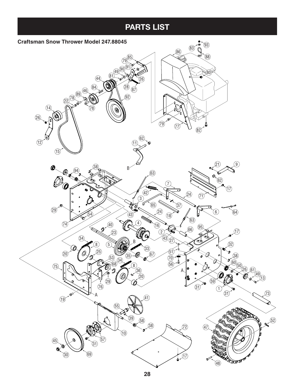 Parts list, Craftsman snow thrower model .0 | Craftsman 247.88045 User Manual | Page 28 / 64