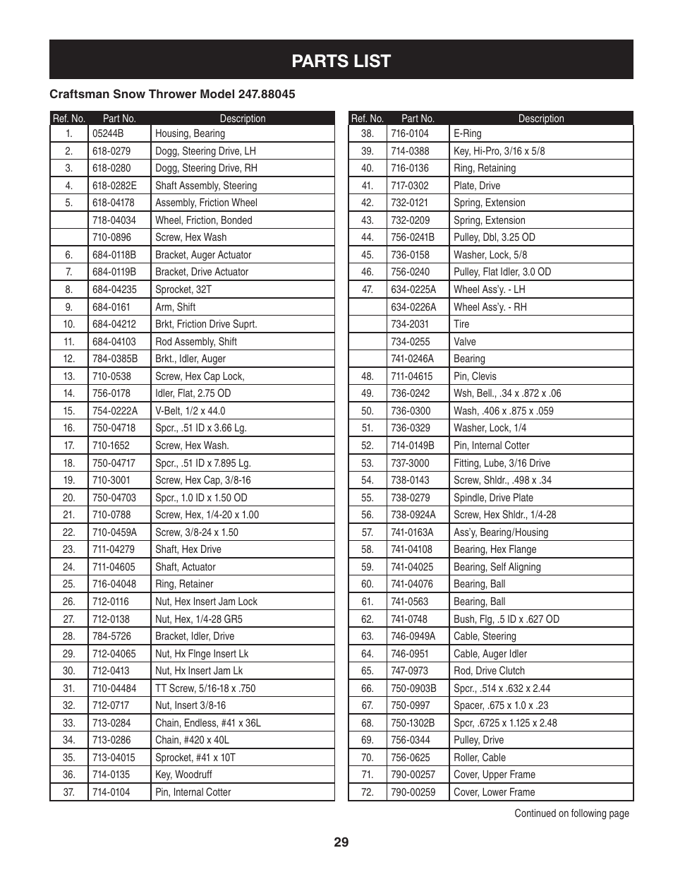 Parts list | Craftsman 247.88045 User Manual | Page 29 / 64