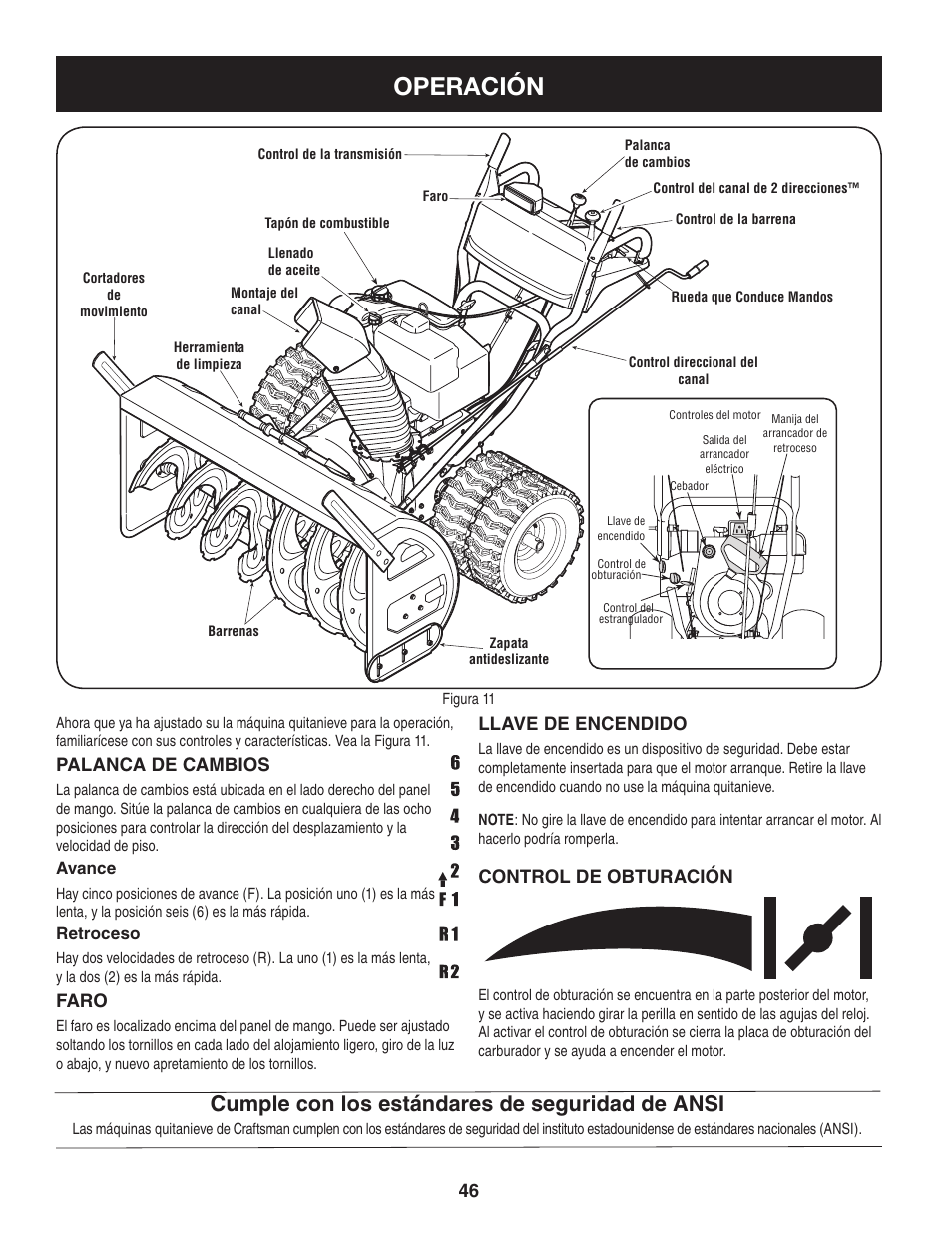 Operación, Cumple con los estándares de seguridad de ansi, Palanca de cambios | Faro, Llave de encendido, Control de obturación | Craftsman 247.88045 User Manual | Page 46 / 64