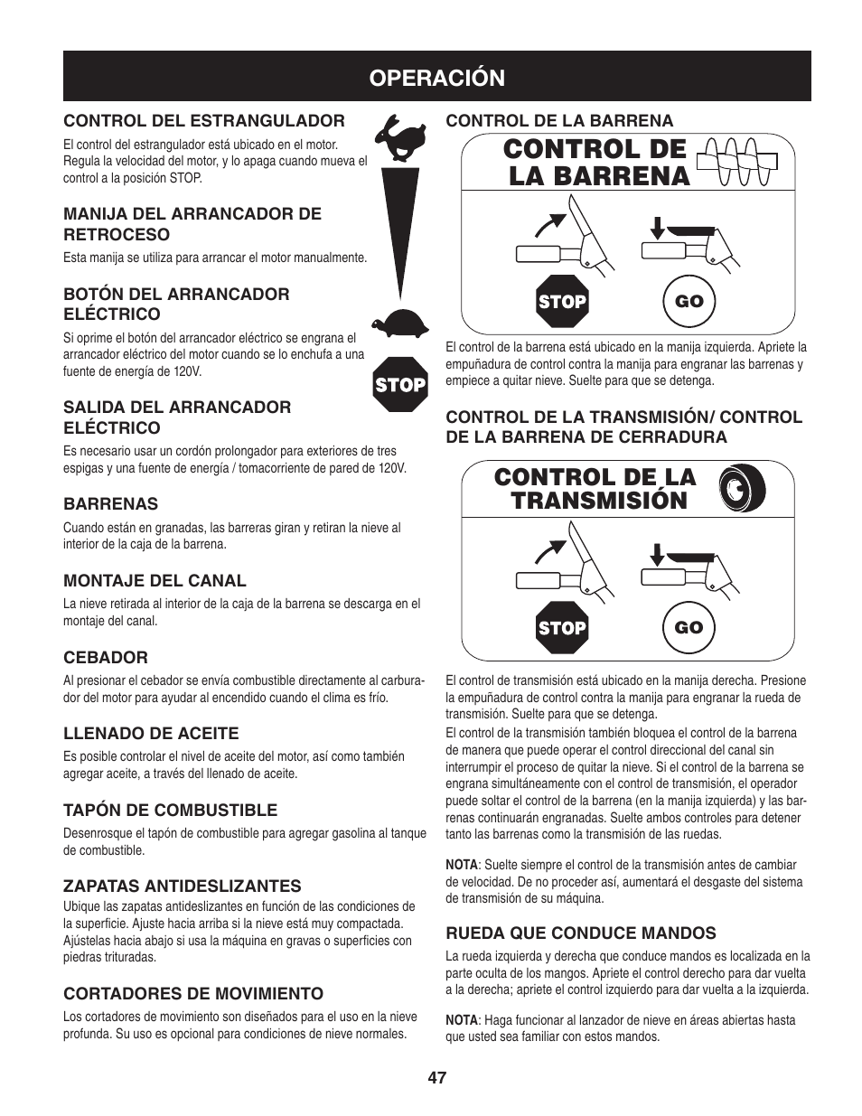 Control de la barrena, Control de la transmisión, Operación | Craftsman 247.88045 User Manual | Page 47 / 64