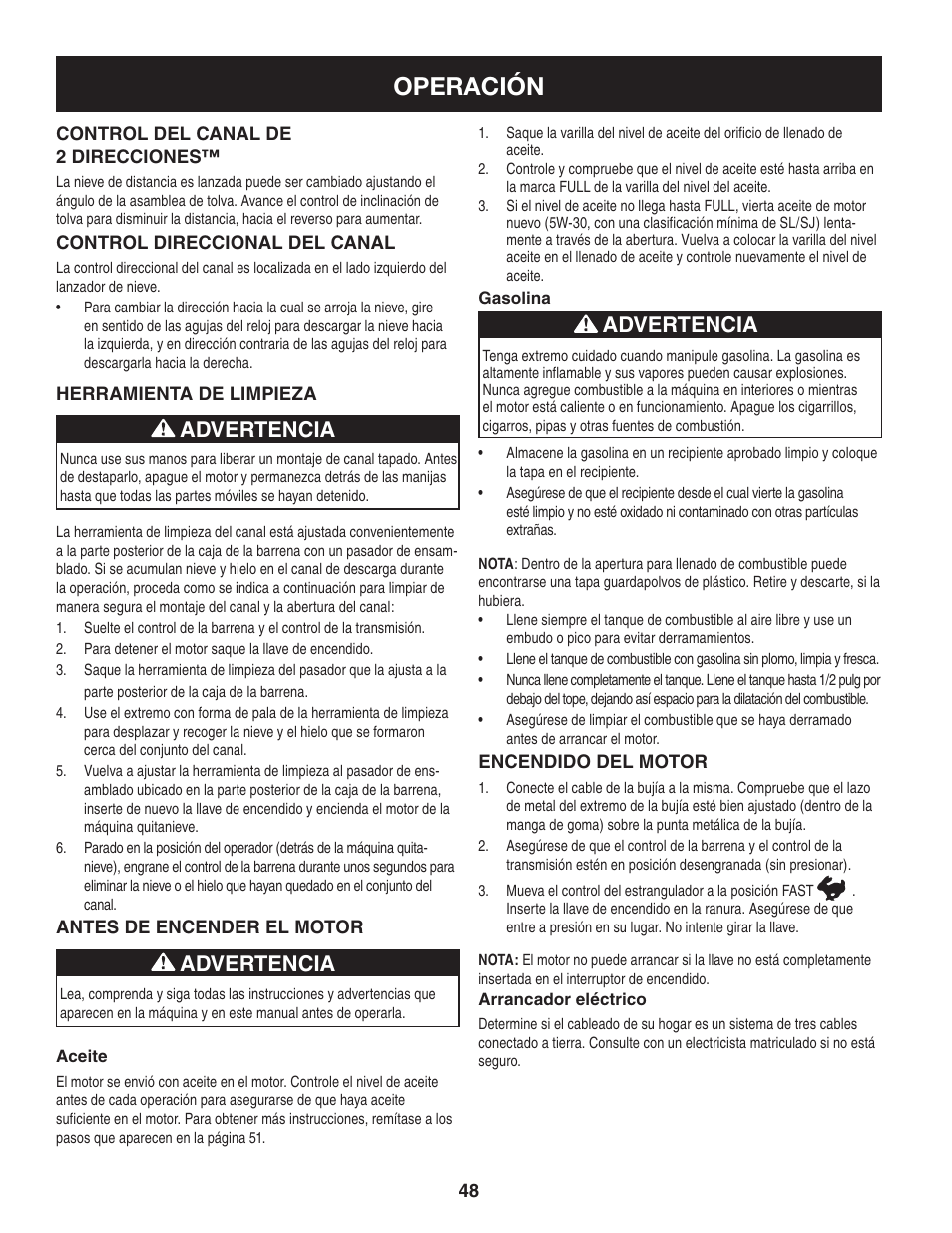 Operación, Advertencia | Craftsman 247.88045 User Manual | Page 48 / 64