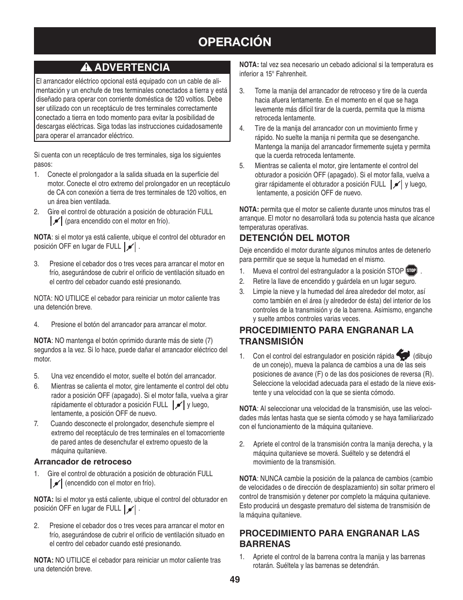 Operación, Advertencia | Craftsman 247.88045 User Manual | Page 49 / 64