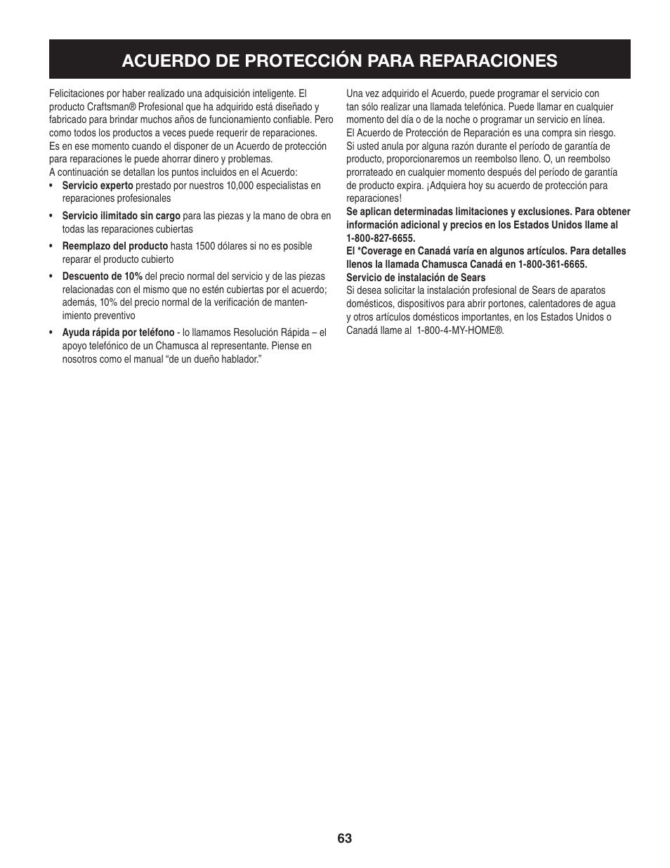 Acuerdo de protección para reparaciones | Craftsman 247.88045 User Manual | Page 63 / 64