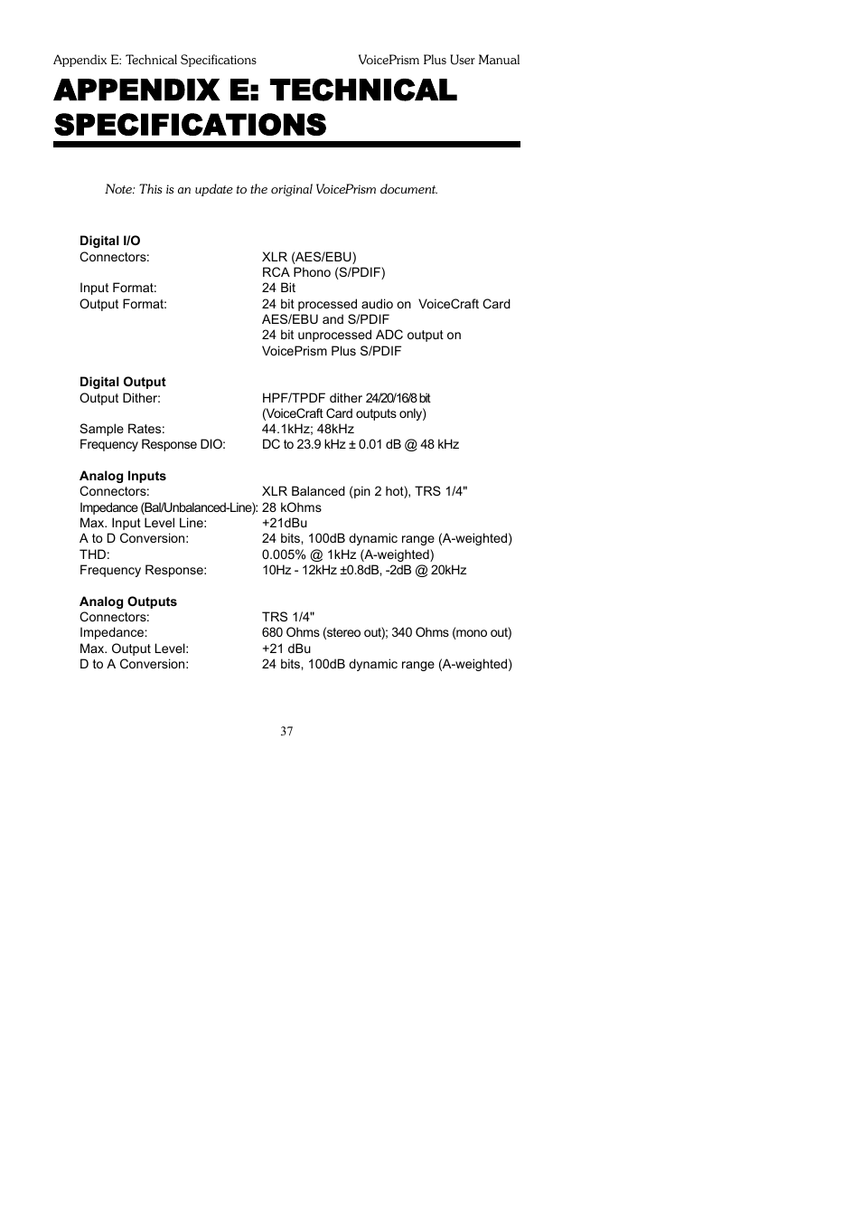 Appendix e: technical specifications | TC-Helicon VoicePrismPlus Manual User Manual | Page 37 / 41