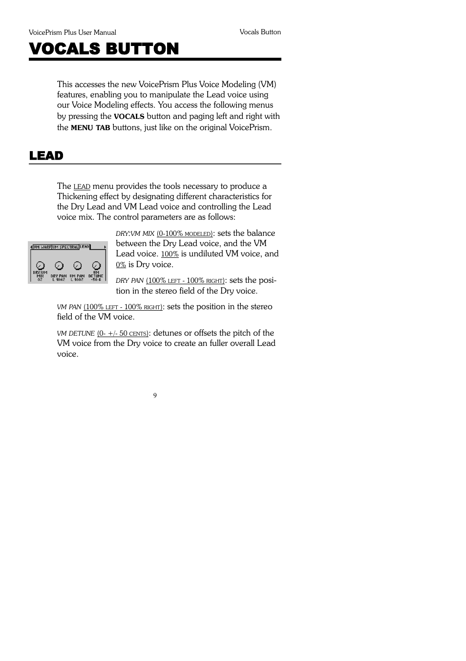 Vocals button, Lead | TC-Helicon VoicePrismPlus Manual User Manual | Page 9 / 41