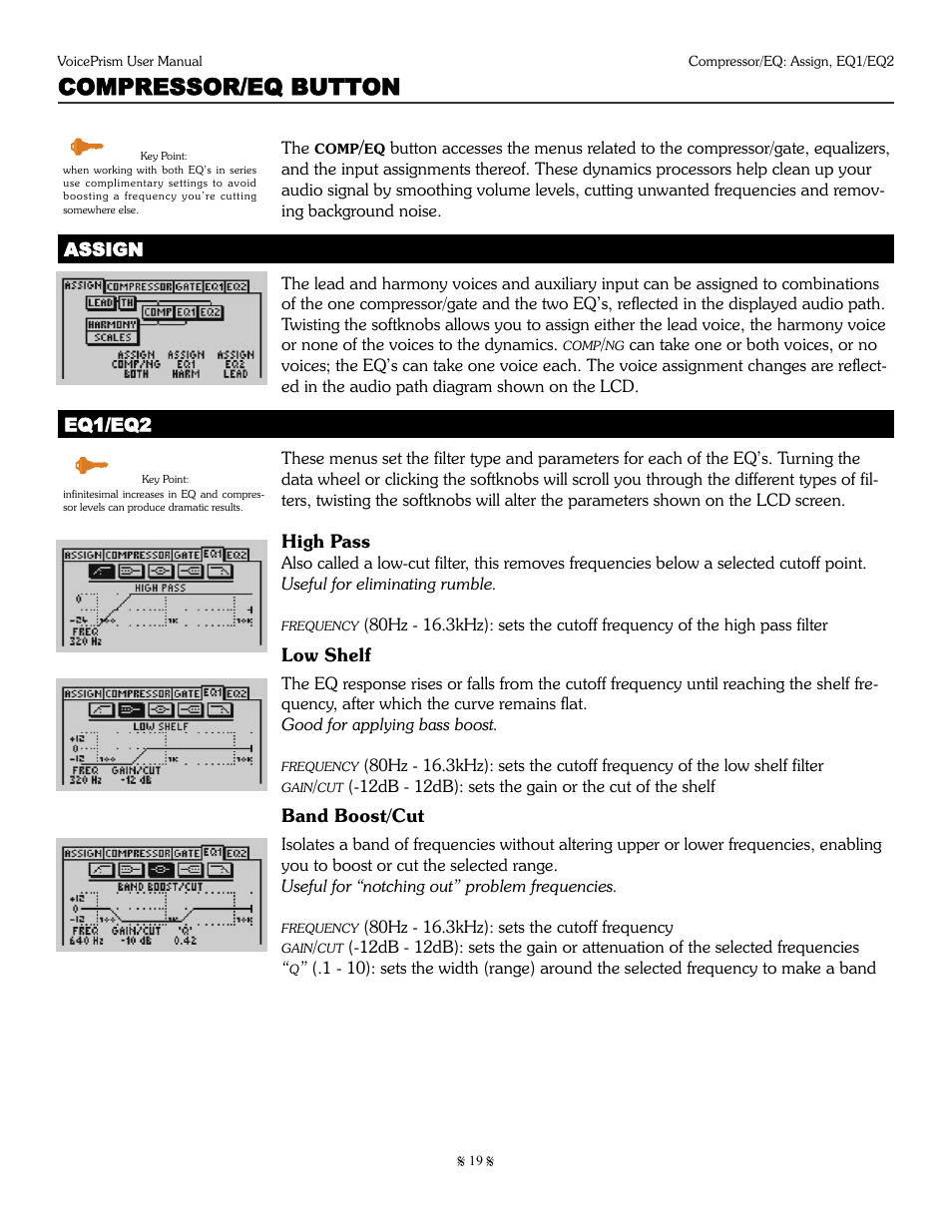 Compressor/eq button | TC-Helicon Voiceprism Manual User Manual | Page 19 / 46