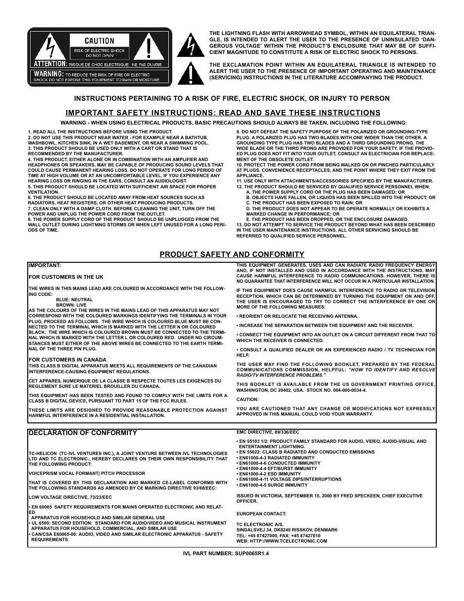 Product safety and conformity, Declaration of conformity | TC-Helicon Voiceprism Manual User Manual | Page 2 / 46