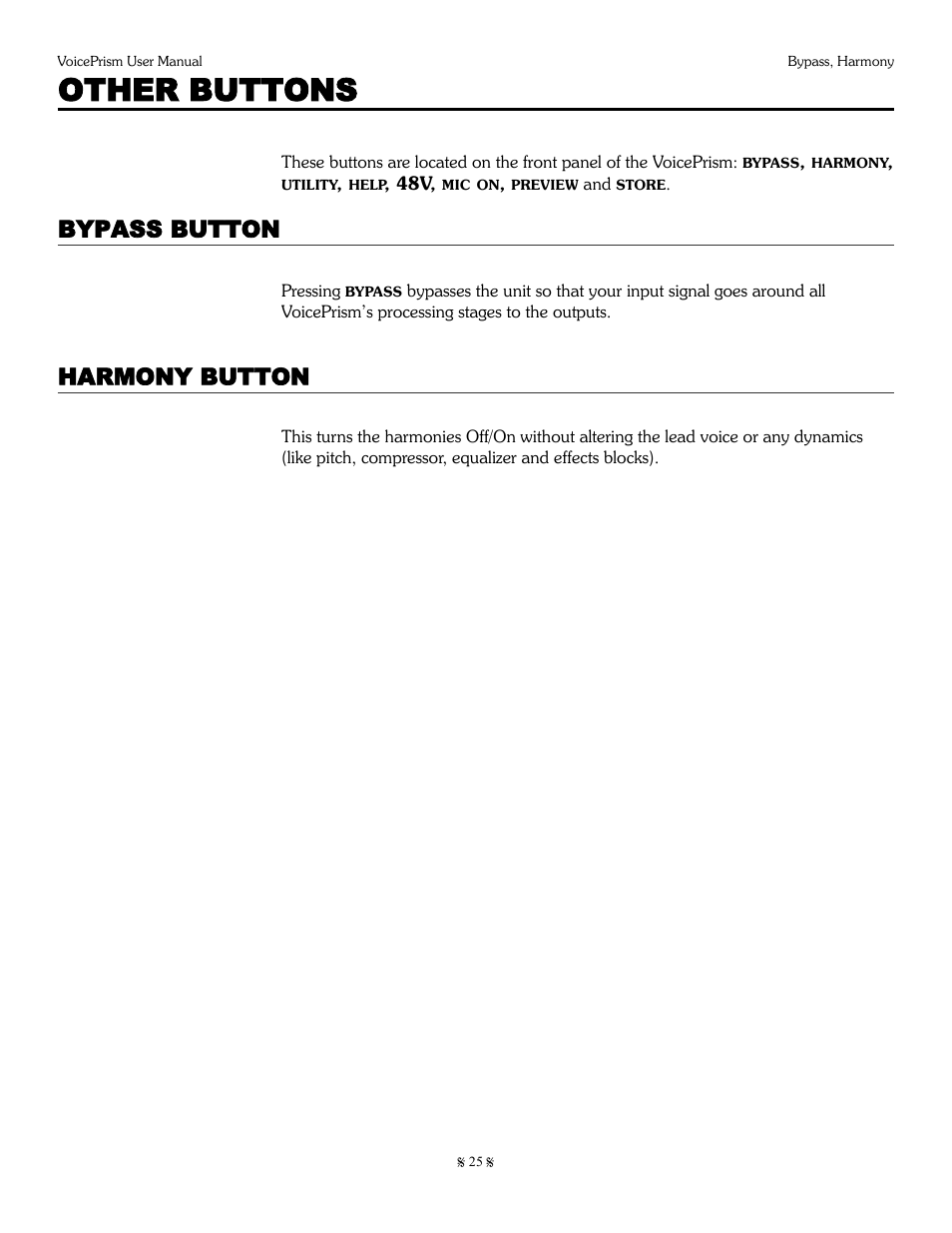 Other buttons, Bypass button, Harmony button | TC-Helicon Voiceprism Manual User Manual | Page 25 / 46