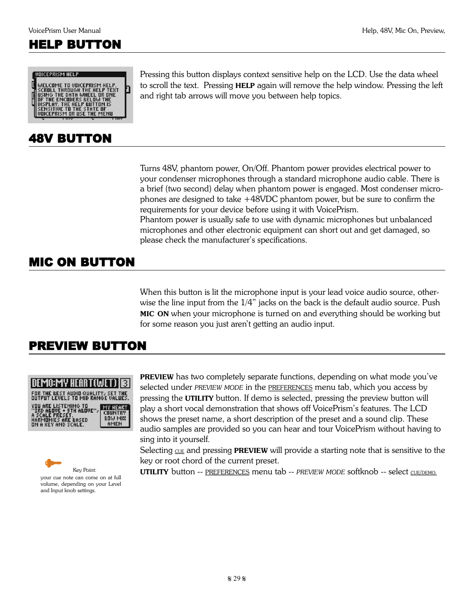 Help button, 48v button, Mic on button | Preview button | TC-Helicon Voiceprism Manual User Manual | Page 29 / 46