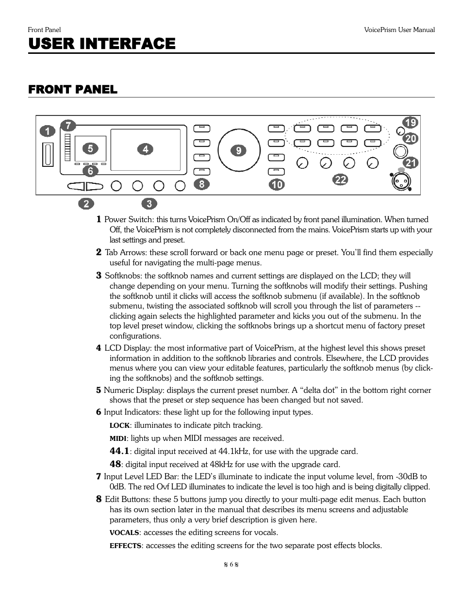 User interface, Front panel | TC-Helicon Voiceprism Manual User Manual | Page 6 / 46