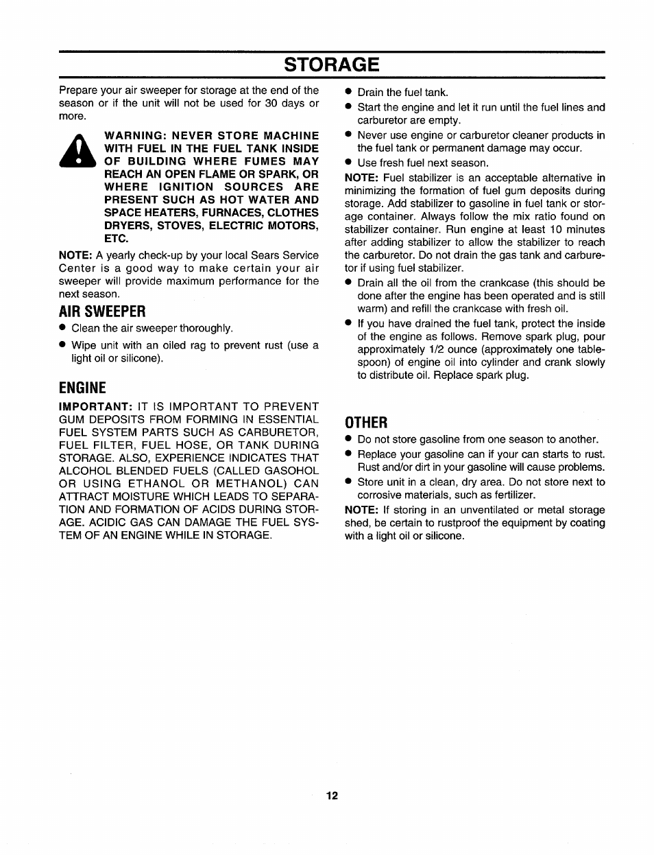 Storage, Air sweeper, Engine | Other | Craftsman 247.797900 User Manual | Page 12 / 36