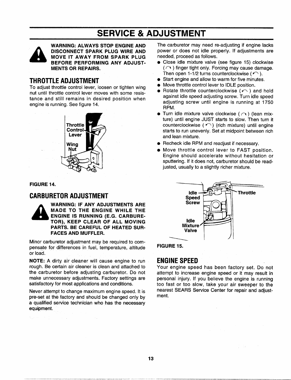 Service & adjustment, Throttle adjustment, Carburetor adjustment | Engine speed | Craftsman 247.797900 User Manual | Page 13 / 36