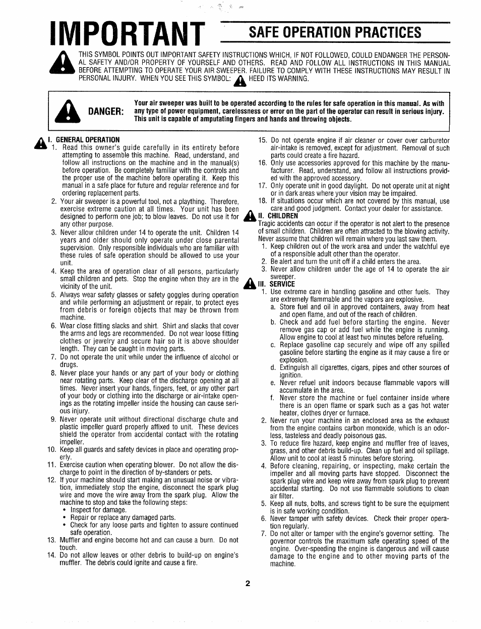 Safe operation practices, I. general operation, Jl. children | Service, Important, Danger | Craftsman 247.797900 User Manual | Page 2 / 36