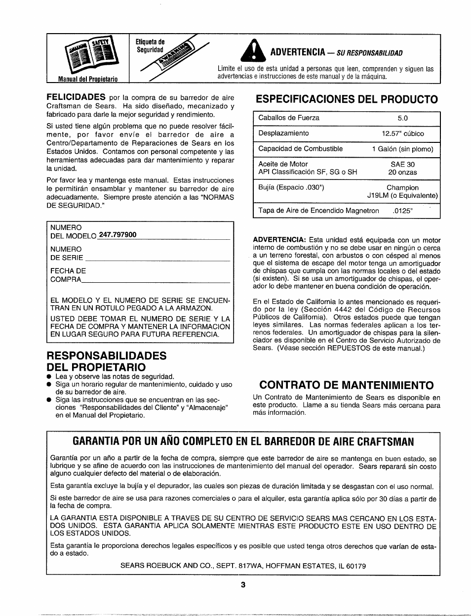 Especificaciones del producto, Responsabilidades, Del propietario | Contrato de mantenimiento, Responsabilidades del propietario | Craftsman 247.797900 User Manual | Page 25 / 36