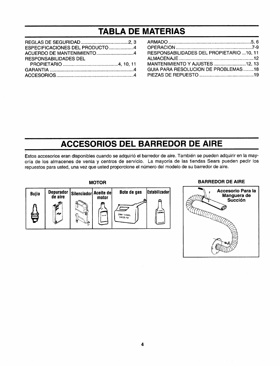 Tabla de materias, Accesorios del barredor de aire | Craftsman 247.797900 User Manual | Page 26 / 36