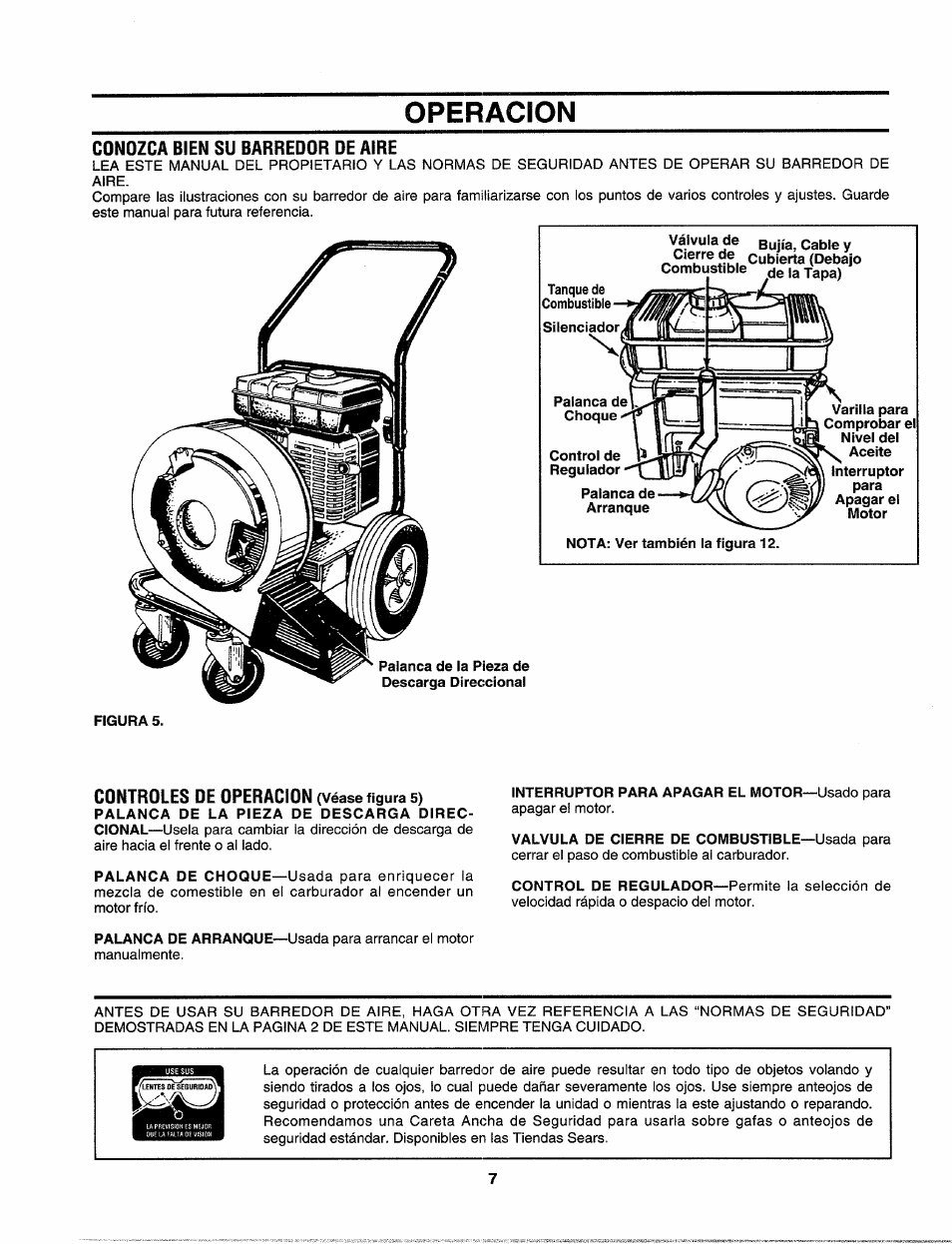 Operacion, Conozca bien su barredor de aire, Figura 5 | Palanca de arranque | Craftsman 247.797900 User Manual | Page 29 / 36