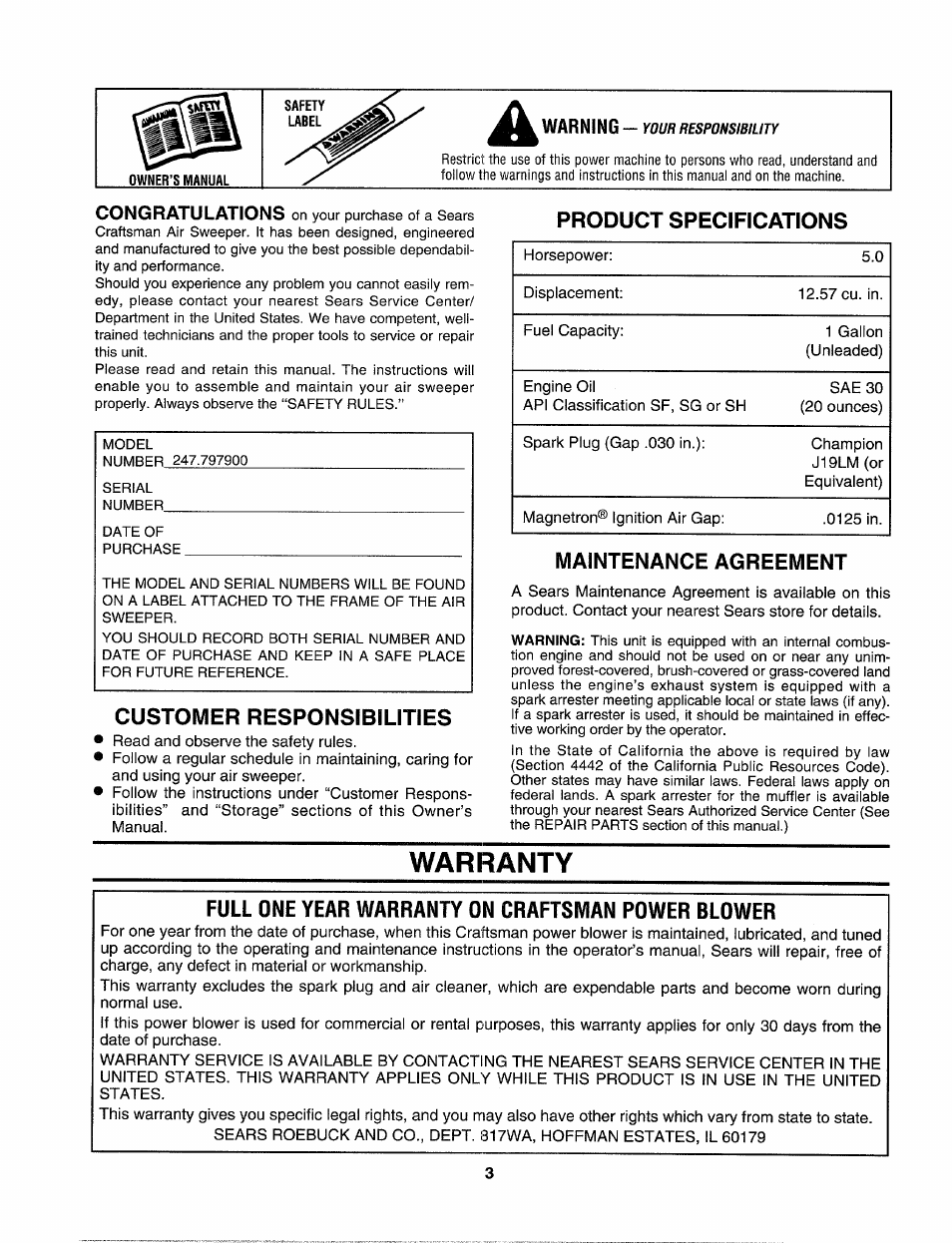 Product specifications, Customer responsibilities, Maintenance agreement | Warranty, Full one year warranty on craftsman power blower | Craftsman 247.797900 User Manual | Page 3 / 36