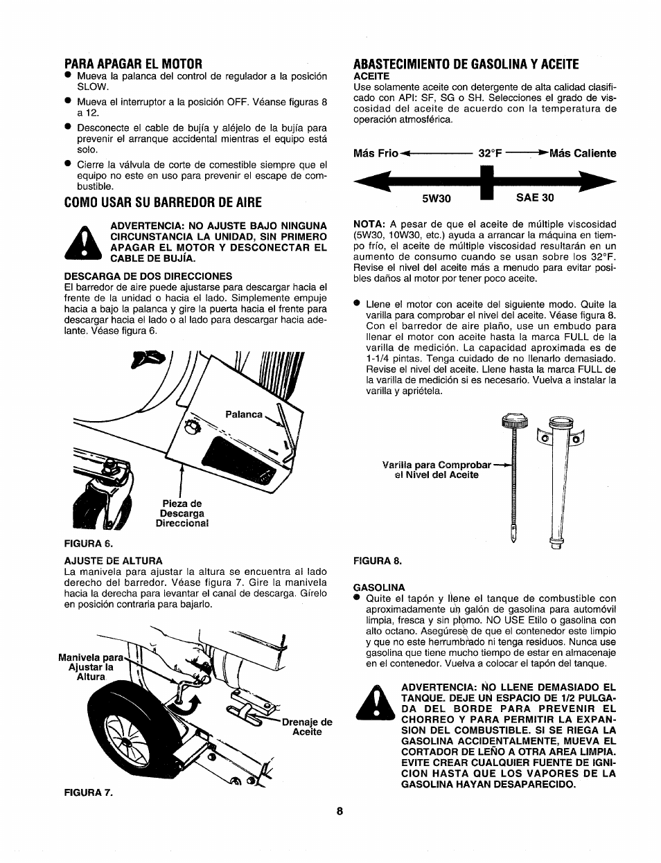 Para apagar el motor, Como usar su barredor de aire, Abastecimiento de gasolina y aceite | Aceite, Descarga de dos direcciones, Figura 6, Ajuste de altura, Varilla para comprobar - el nivel del aceite, Figura 8, Gasolina | Craftsman 247.797900 User Manual | Page 30 / 36